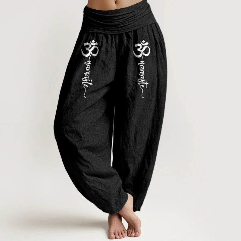 Buddha Stones Namaste Om Pattern Women's Pure Cotton Elastic Waist Harem Pants