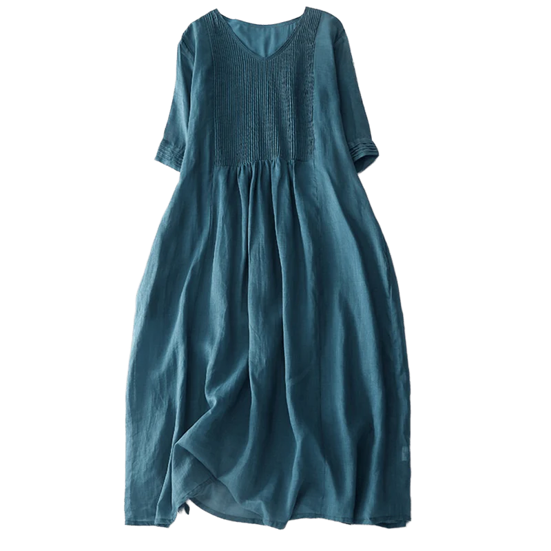 Buddha Stones Casual Accordion Pleat Plain V-neck Short Sleeve Cotton Midi Dress With Pockets