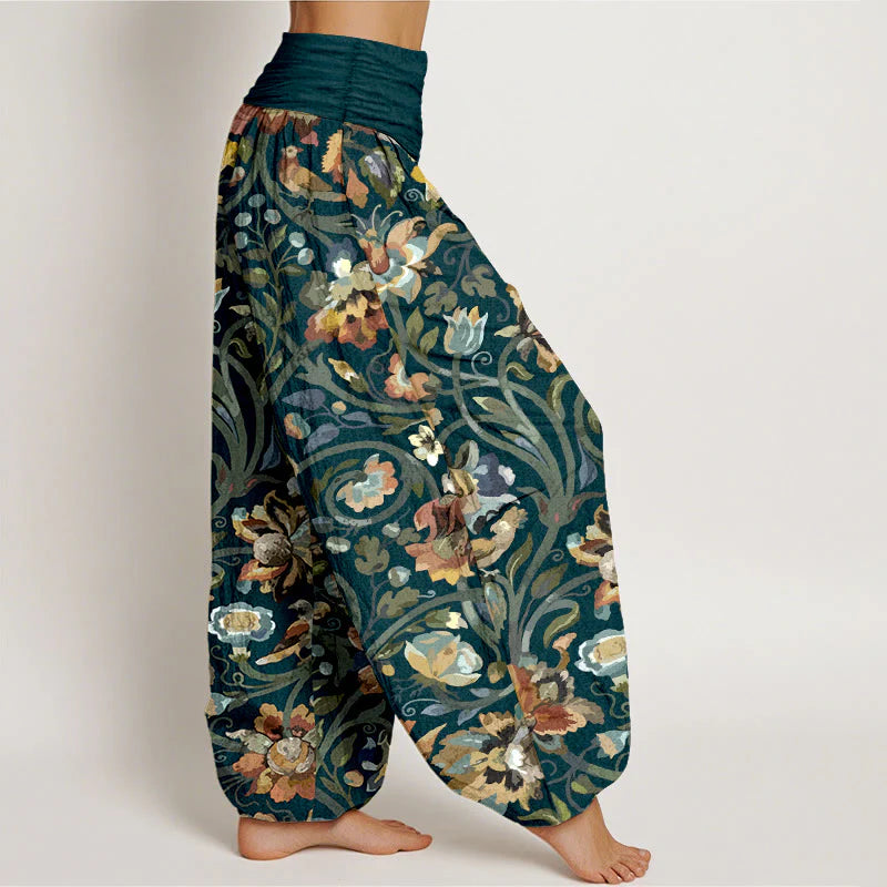 Buddha Stones Cotton Retro Flowers Vines Bird Pattern Women's Elastic Waist Harem Pants