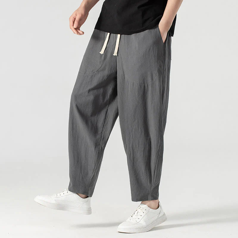 Buddha Stones Spring Fall Solid Color Drawstring Men's Ankle-Length Harem Pants With Pockets