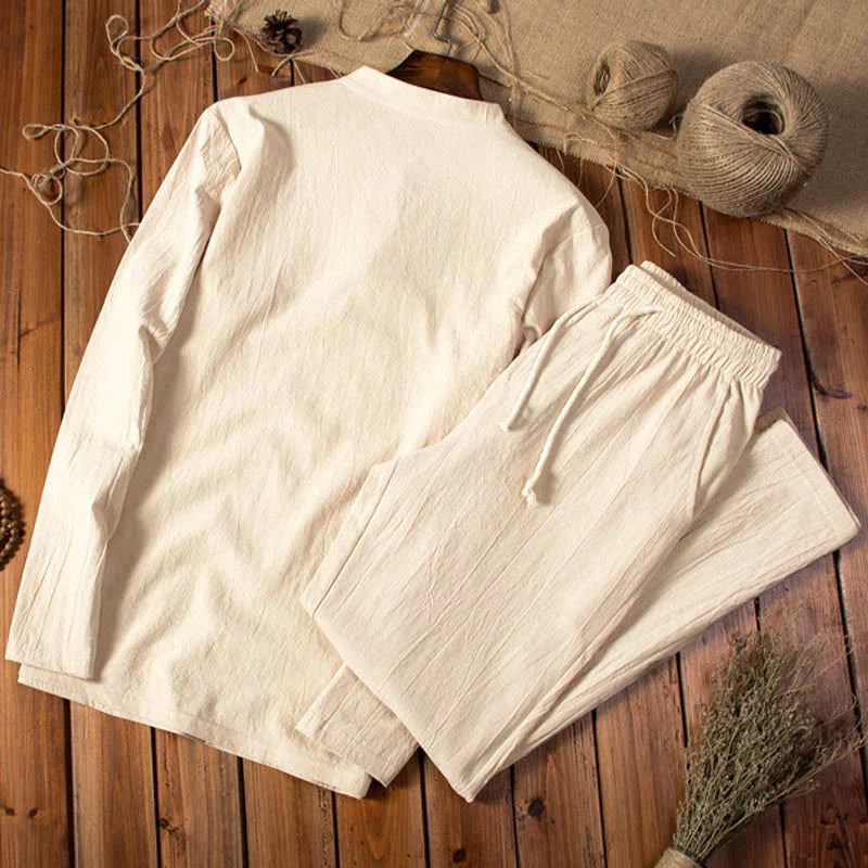 Buddha Stones Pure Color Long Sleeve Top Pants Clothing Men's Set