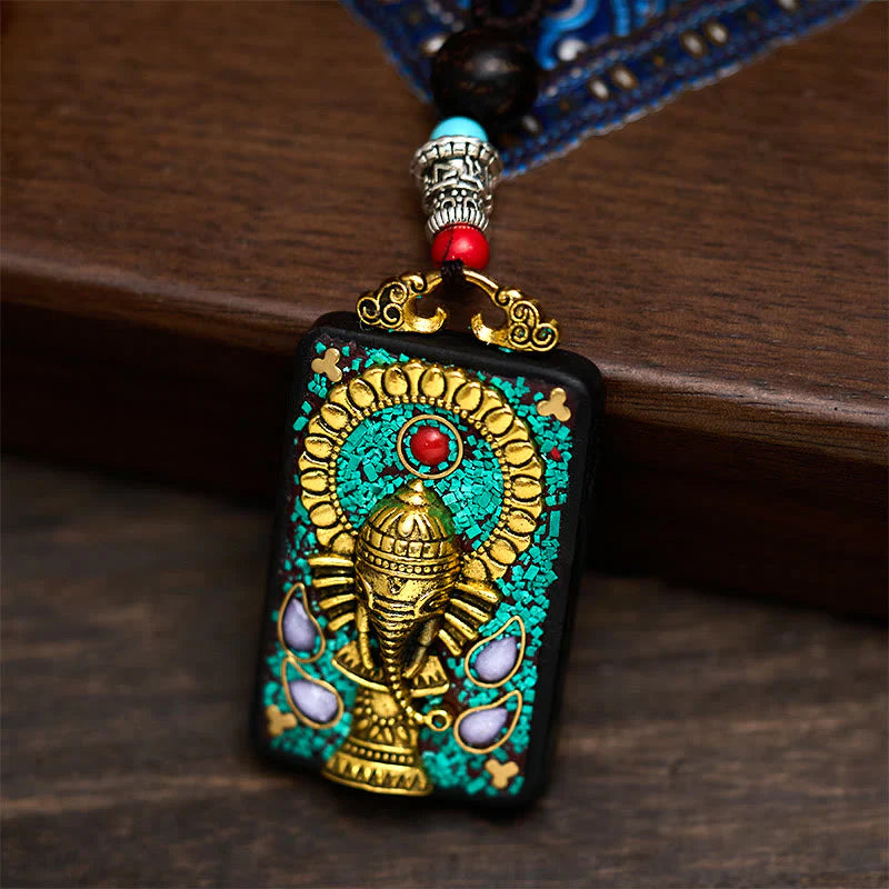 Buddha Stones Tibetan Ganesh Ganpati Elephant Ebony Wood Rope Peace Necklace Pendant