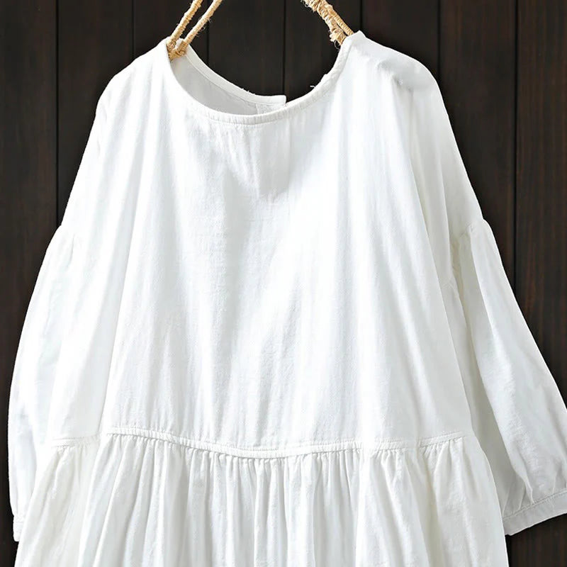 Buddha Stones Summer Solid Color Crew Neck Half Sleeve Cotton Midi Dress With Pockets