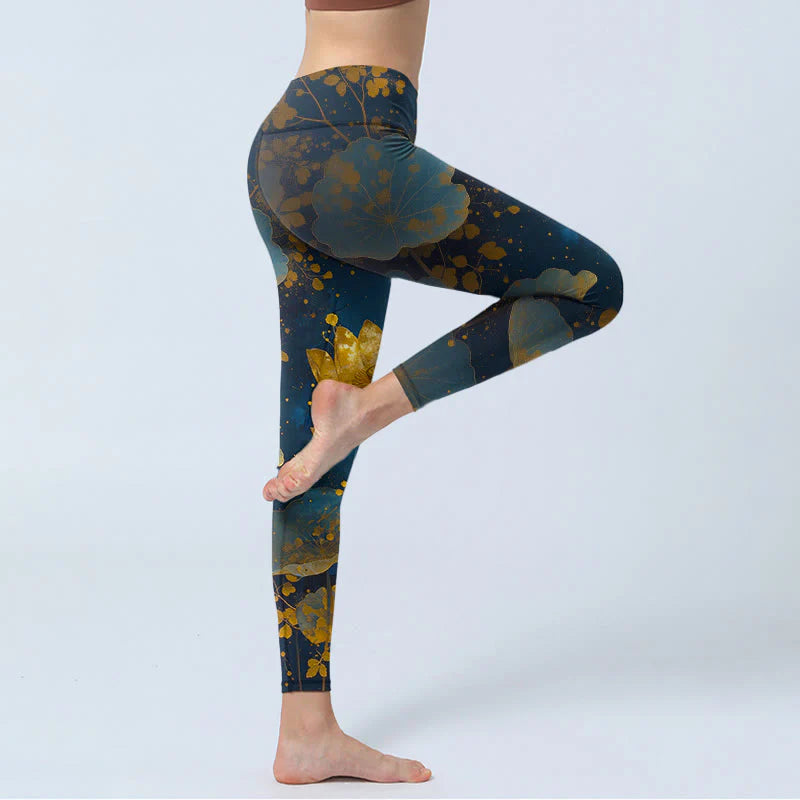 Buddha Stones Elegant Dignified Lotus Flower Leaf Spot Pattern Print Gym Leggings Women's Yoga Pants