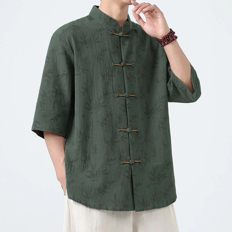 Buddha Stones Summer Bamboo Leaves Pattern Chinese Frog-Button Cotton Linen Short Sleeve Men's Shirt