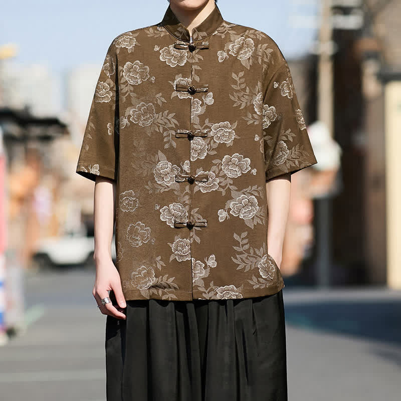 Buddha Stones Retro Frog Buttons Mandarin Collar Floral Jacquard Men's Short Sleeve Shirt