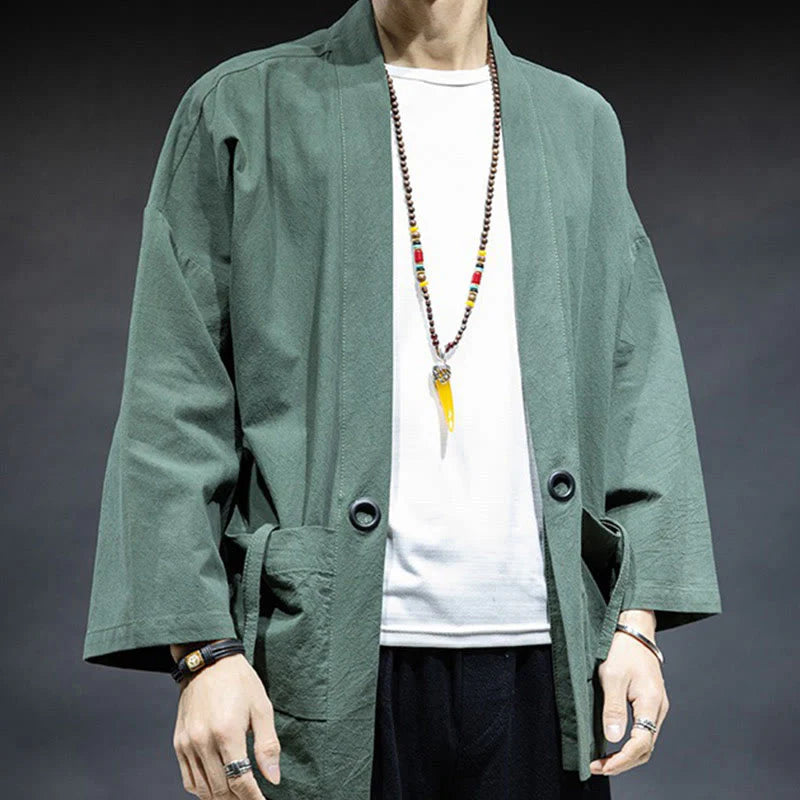Buddha Stones Solid Color Lace-up Open Front Jacket Cotton Men's Kimono