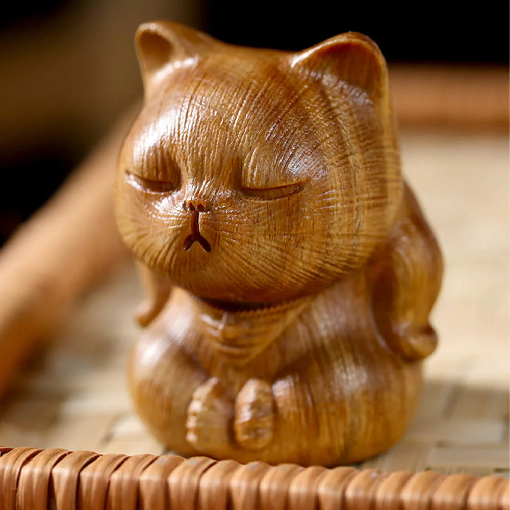 Buddha Stones Small Mini Green Sandalwood Lucky Cat Carved Soothing Decorations