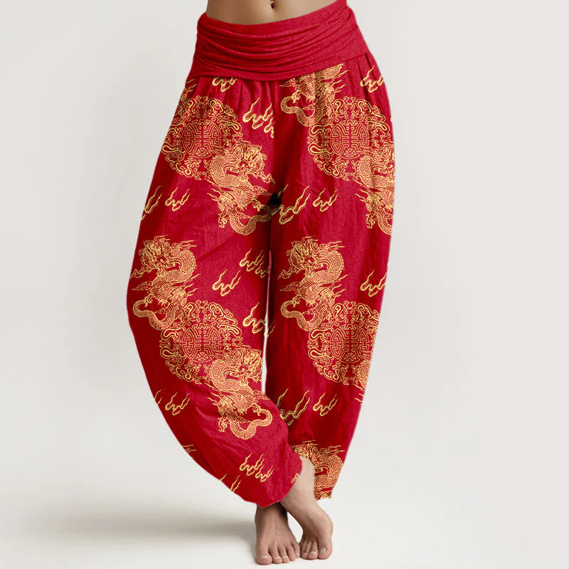 Buddha Stones Pure Cotton Double Dragon Cloud Pattern Women's Elastic Waist Harem Pants