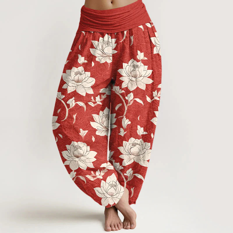 Buddha Stones Pure Cotton Beige Lotus Pattern Women's Elastic Waist Harem Pants