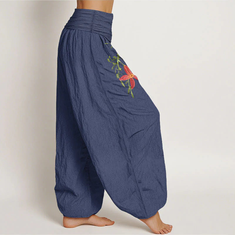 Buddha Stones Pure Cotton Brightly Colored Lilies Five-Petaled Flower Pattern Women's Elastic Waist Harem Pants