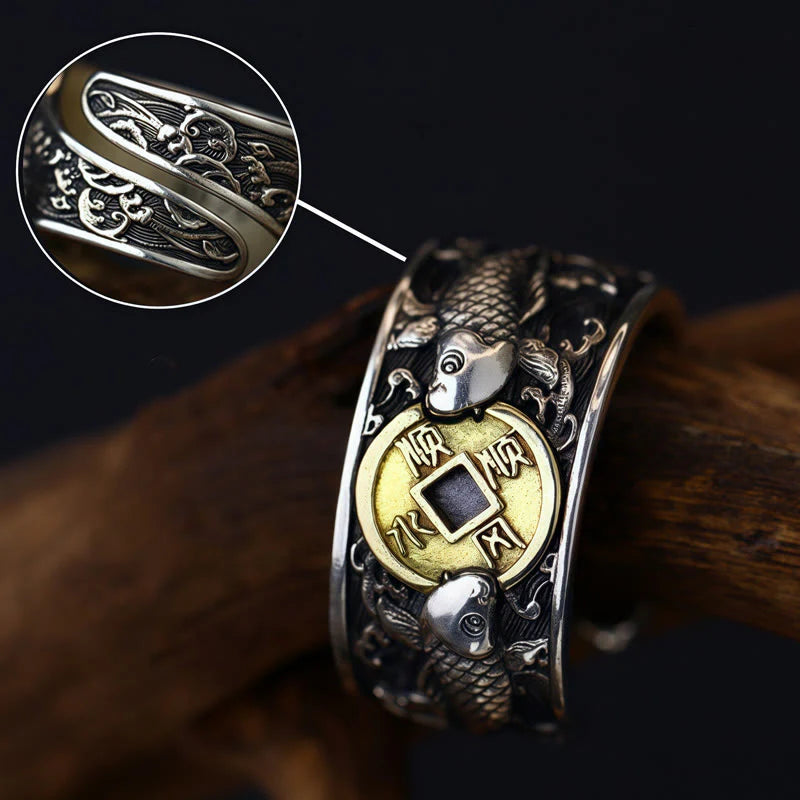 Buddha Stones Adjustable Opening 925 Sterling Silver Lucky Koi Fish Copper Coin Auspicious Clouds Wealth Ring