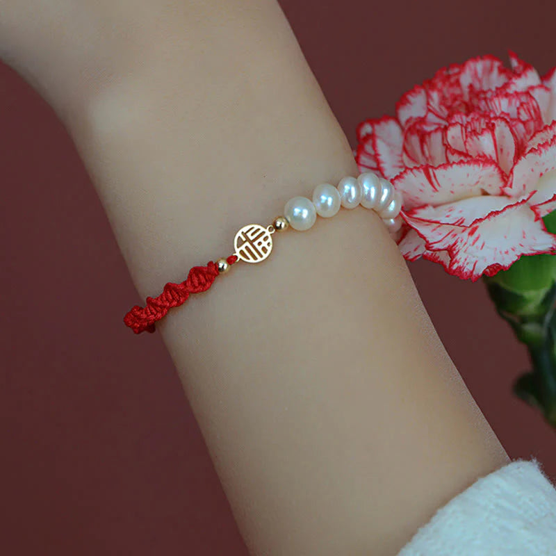 Buddha Stones 14K Gold Plated Pearl Bead Luck Protection Braid Red String Bracelet