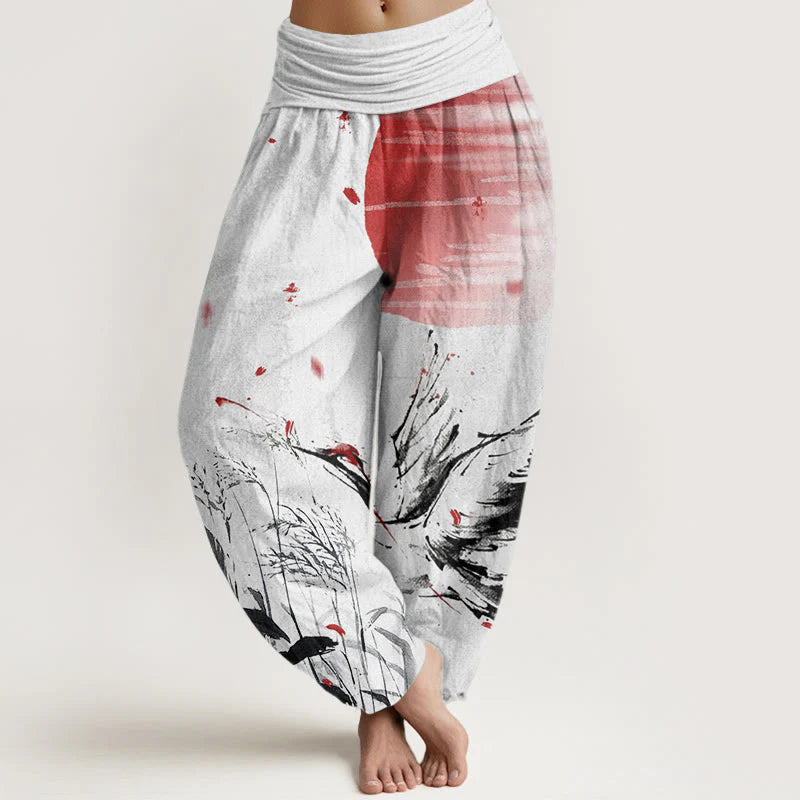 Buddha Stones Cotton Casual Red-crowned Reed Sun Crane Pattern Women's Elastic Waist Harem Pants