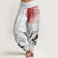 Buddha Stones Cotton Casual Red-crowned Reed Sun Crane Pattern Women's Elastic Waist Harem Pants