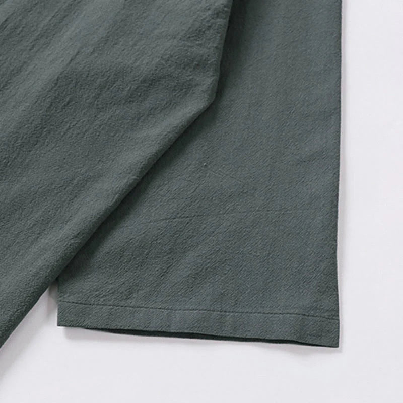 Buddha Stones Summer V-Neck Lapel Half Sleeve Cotton Linen Men's Shirt