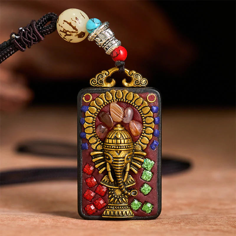 Buddha Stones Tibetan Ganesh Ganpati Elephant Ebony Wood Rope Peace Necklace Pendant