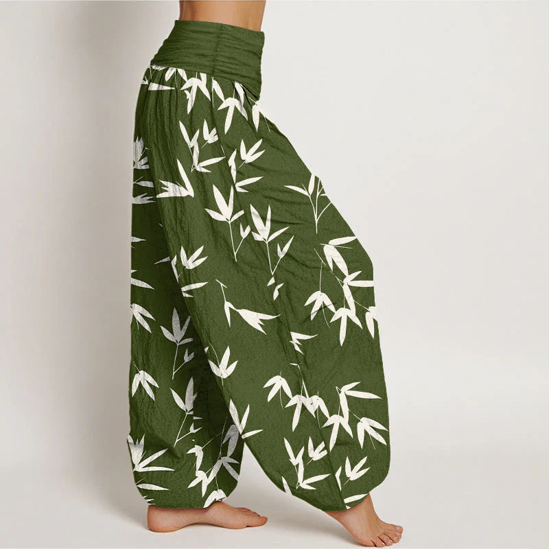 Buddha Stones Pure Cotton Simple Elegant Bamboo Leaf Pattern Women's Elastic Waist Harem Pants