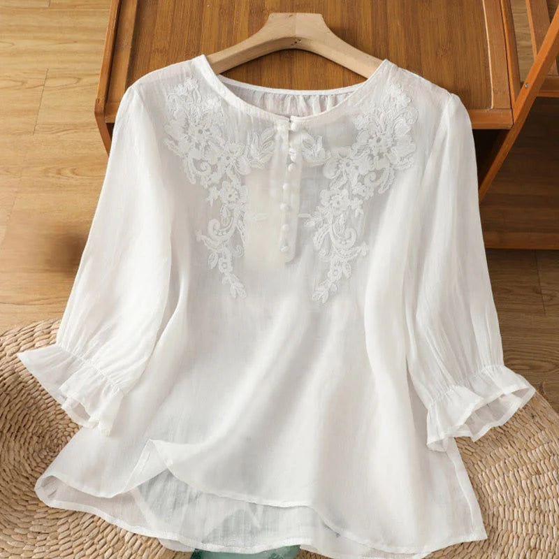 Buddha Stones Flower Vines Embroidery Button Crew Neck Three Quarter Sleeve Women's Cotton Shirt