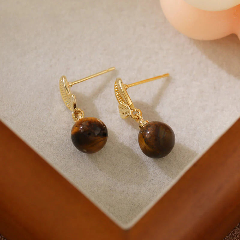 Buddha Stones Tiger Eye Leaves Design Copper Protection Earrings