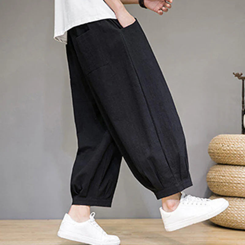 Buddha Stones Simple Cotton Men's Cropped Capri Harem Pants With Pockets