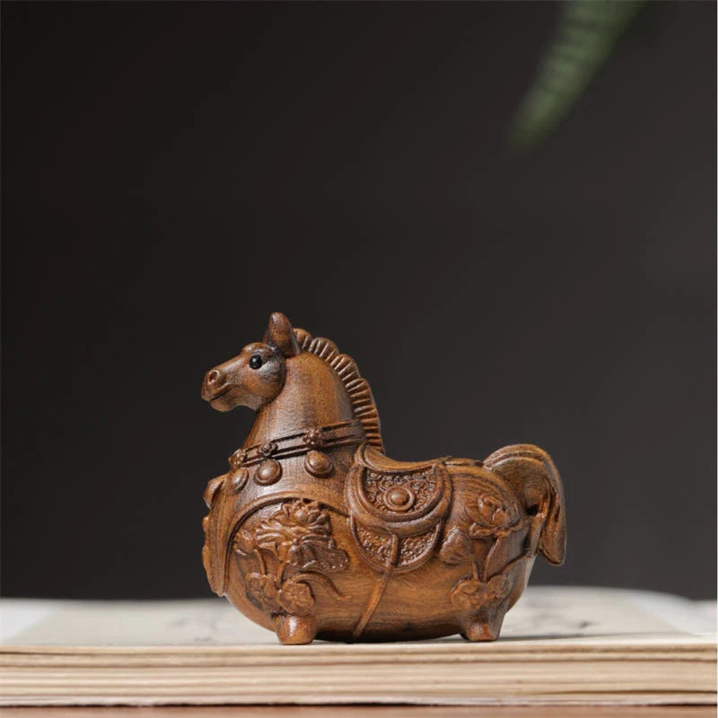 Buddha Stones Mini Year of the Horse Lotus Ebony Linden Wood Green Sandalwood Decoration 5.5*5*3.2cm