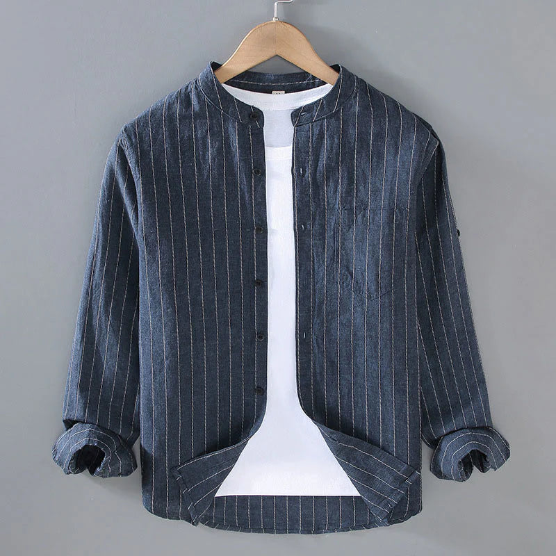 Buddha Stones Daily Tang Suit Men's Striped Pattern Cotton Linen Long Sleeve Shirt
