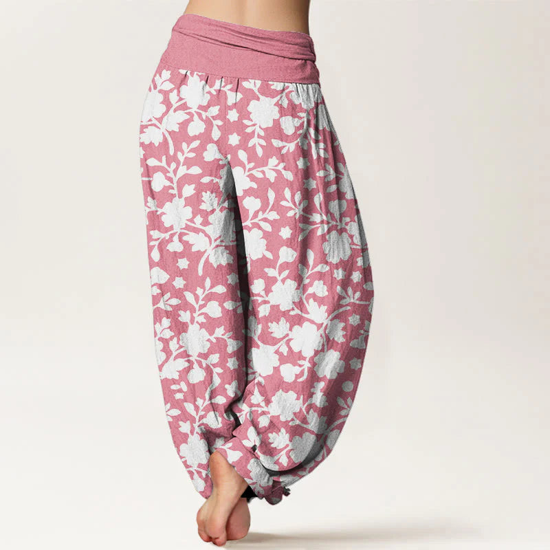 Buddha Stones Pure Cotton White Flowers Leaves Stars Pattern Women's Elastic Waist Harem Pants