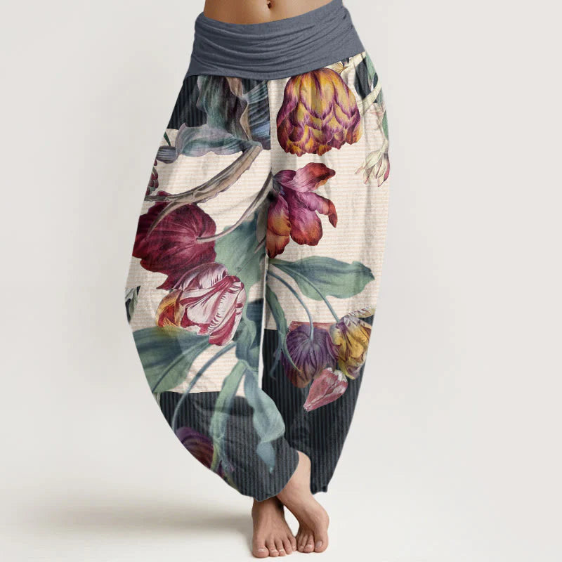 Buddha Stones Cotton Tulips Green Leaves Design Women's Elastic Waist Harem Pants