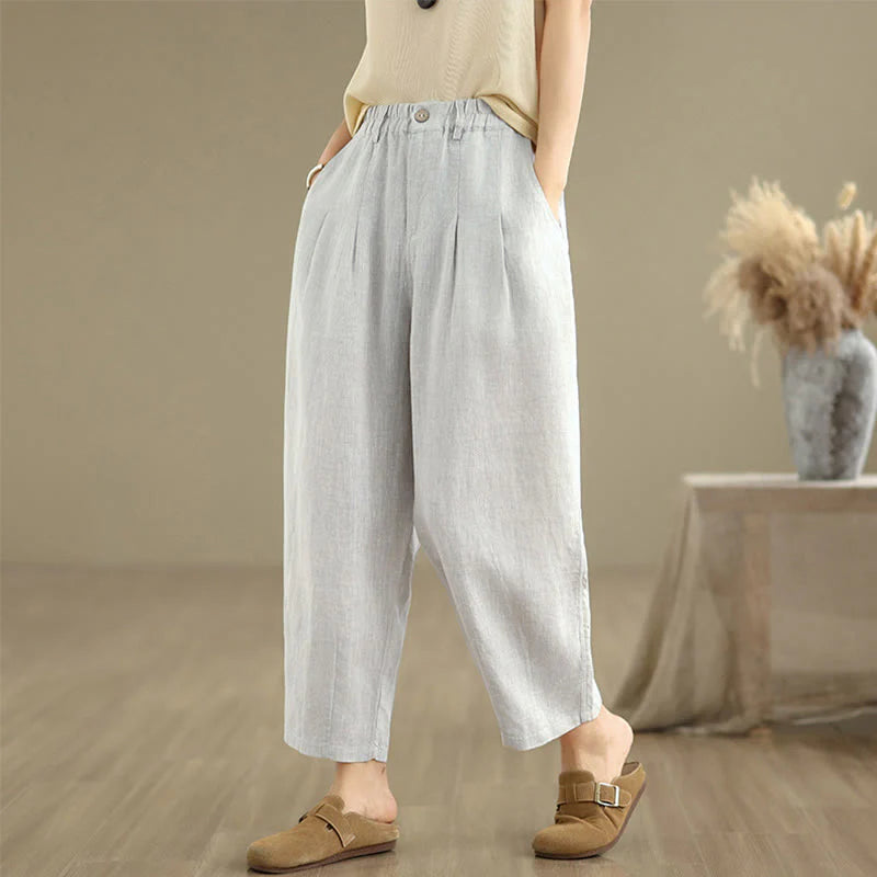 Buddha Stones Casual Summer Solid Color High Waist Women's Cotton Linen Harem Pants With Pockets