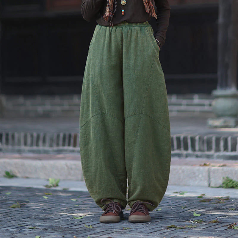 Buddha Stones Winter Elastic Waist Ramie Cotton Thermal Women's Pants With Pockets