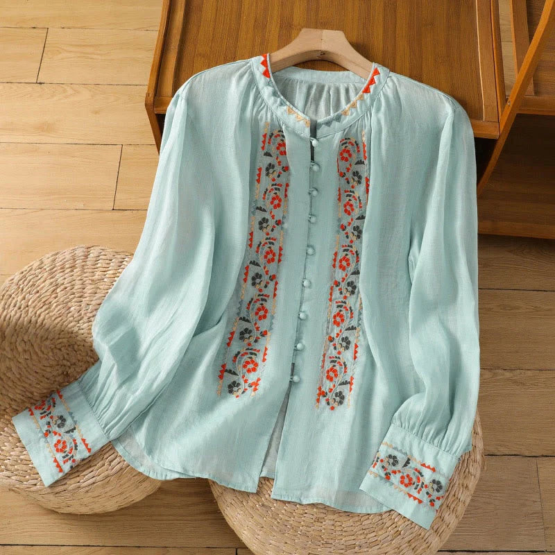 Buddha Stones Vintage Embroidery Single Row Multi-Button Placket Design Women's Cotton Linen Long Lantern Sleeve Shirt