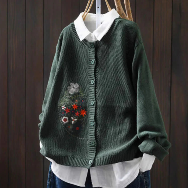 Buddha Stones Floral Embroidery Buttons Cotton Women's Long Sleeve Knitted Cardigan Sweater