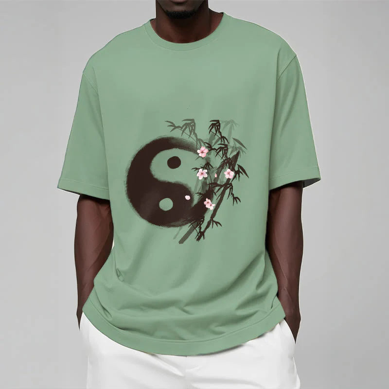 Buddha Stones Yin Yang Bamboo Cherry Blossom Pattern Tee T-shirt