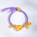 Buddha Stones 24k Gold Plated Brass Fox Bell Charm Fu Character Woven Purple String Luck Bracelet