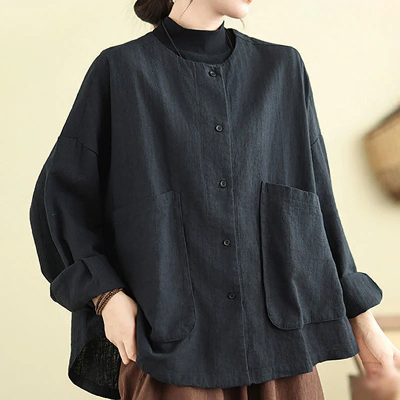 Buddha Stones Women's Long Sleeve Crew Neck Cotton Jacket With Pockets