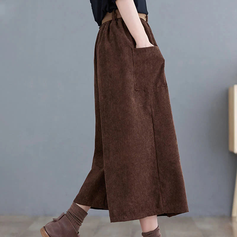 Buddha Stones Retro Women's Wide Leg 7-8 Length Corduroy Pants With Pockets Belt