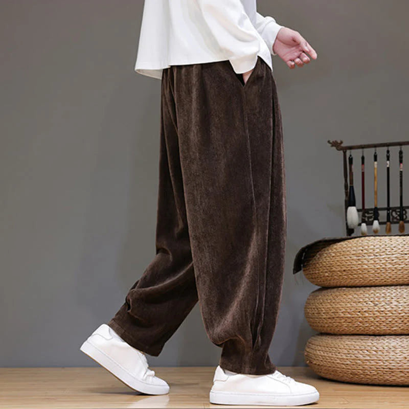 Buddha Stones Winter Pure Color Cotton Men's Harem Thickened Fleece-lined Pants With Pockets
