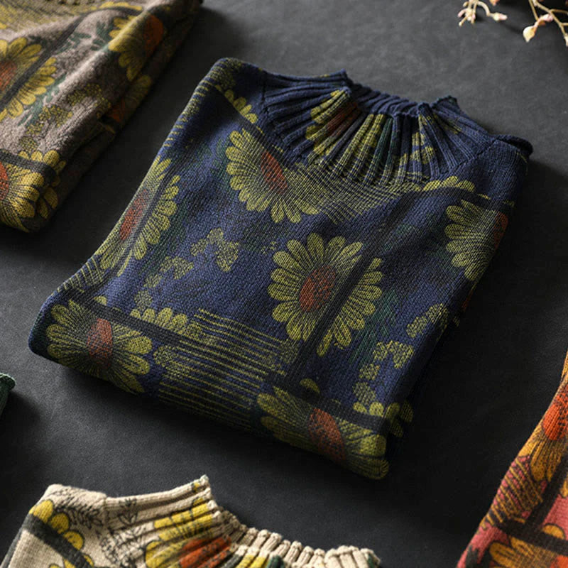 Buddha Stones Sunflower Pattern Mock Neck Long Sleeve Women's Cotton Sweater