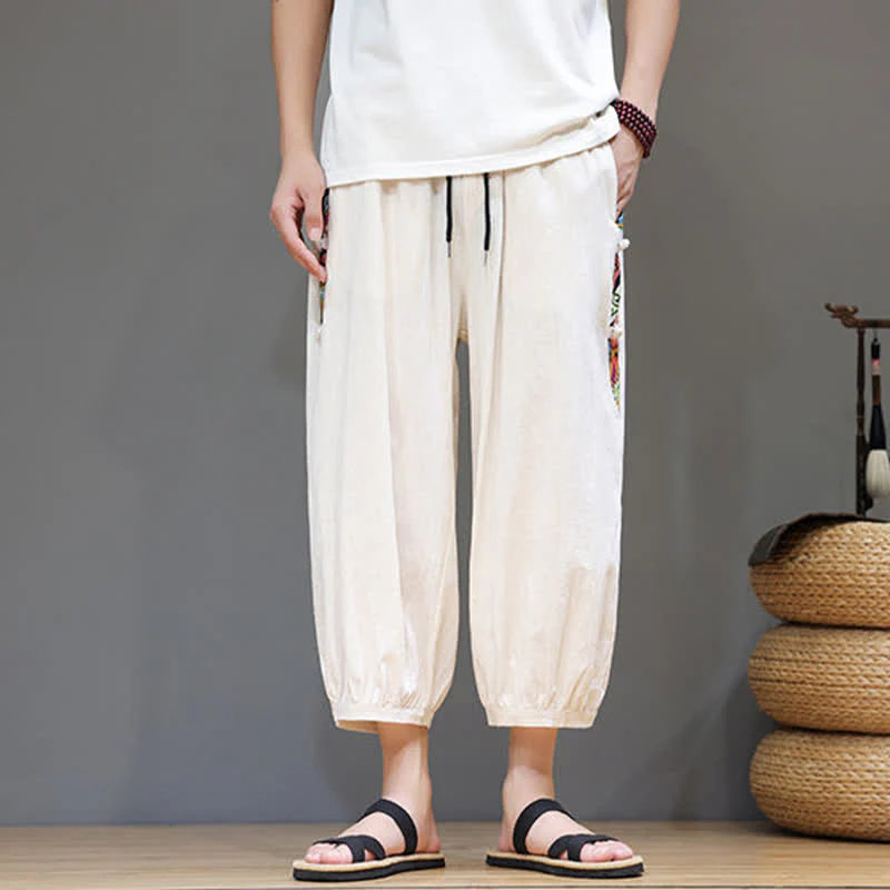 Buddha Stones Summer Tribal Side Stripe Drawstring Waist Men's Capri Tapered Pants With Pockets