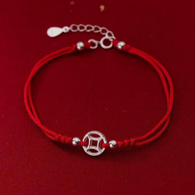 Buddha Stones 925 Sterling Silver Hollow Copper Coin Luck String Bracelet