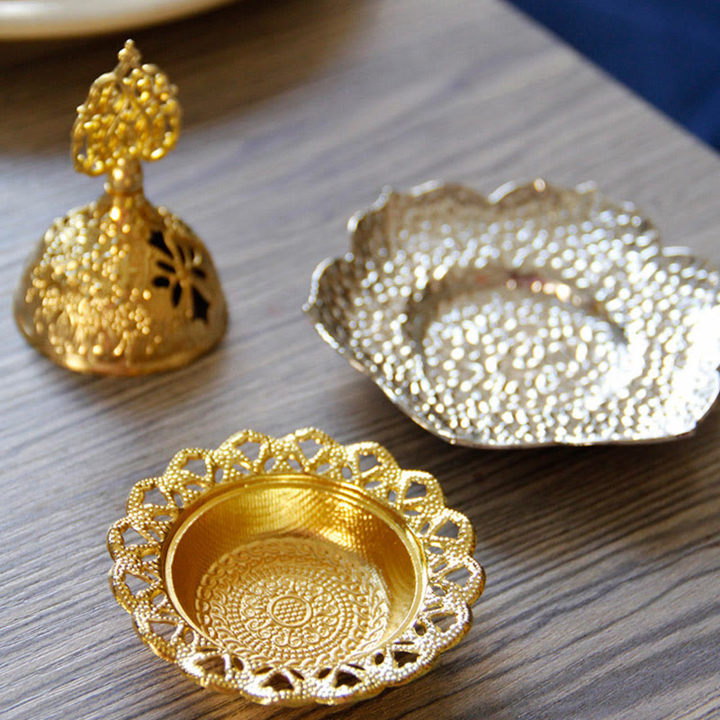 Buddha Stones Gold Leaf Coaster Spiritual Mini Alloy Metal Incense Burner
