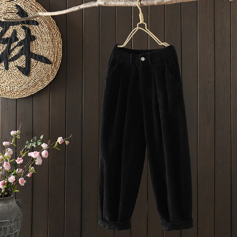 Buddha Stones Women's Winter Plain Corduroy Cotton High Waist Fleece-Lined Harem Pants With Pockets