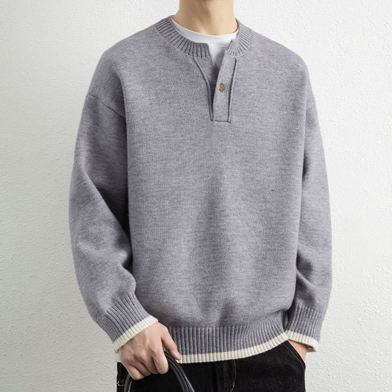 Buddha Stones Winter V-Neck One Button Design Warm Men's Long Sleeve Knitted Sweater