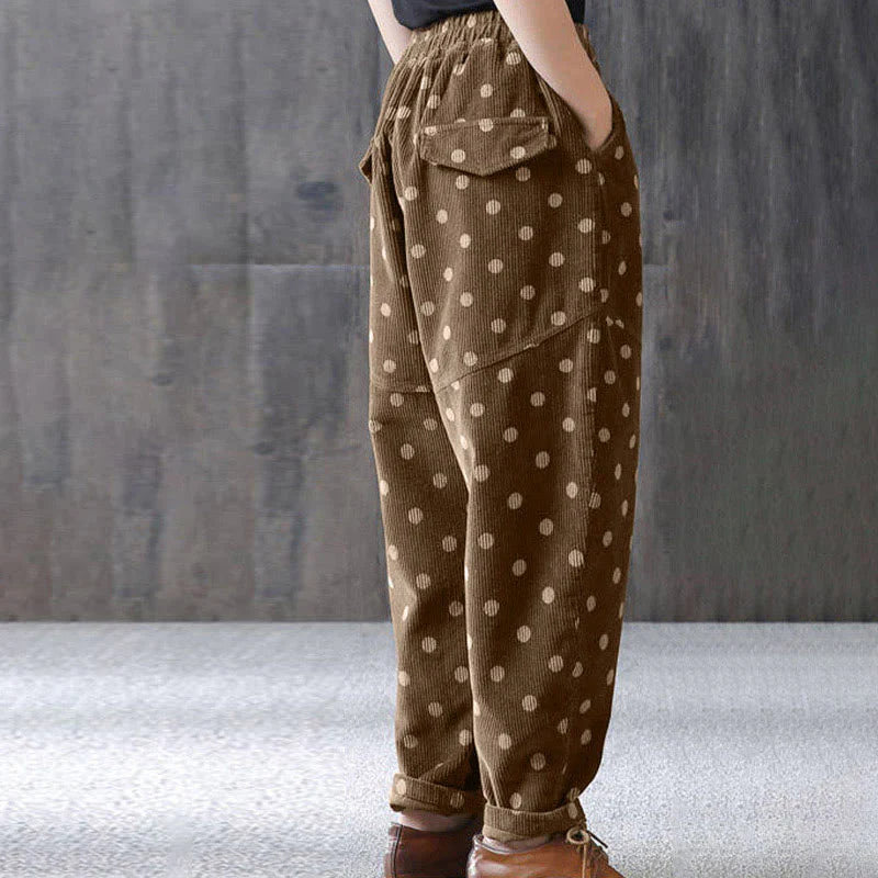 Buddha Stones Women's Fall Commute Printing Dot Pattern Corduroy Harem Pants With Pockets