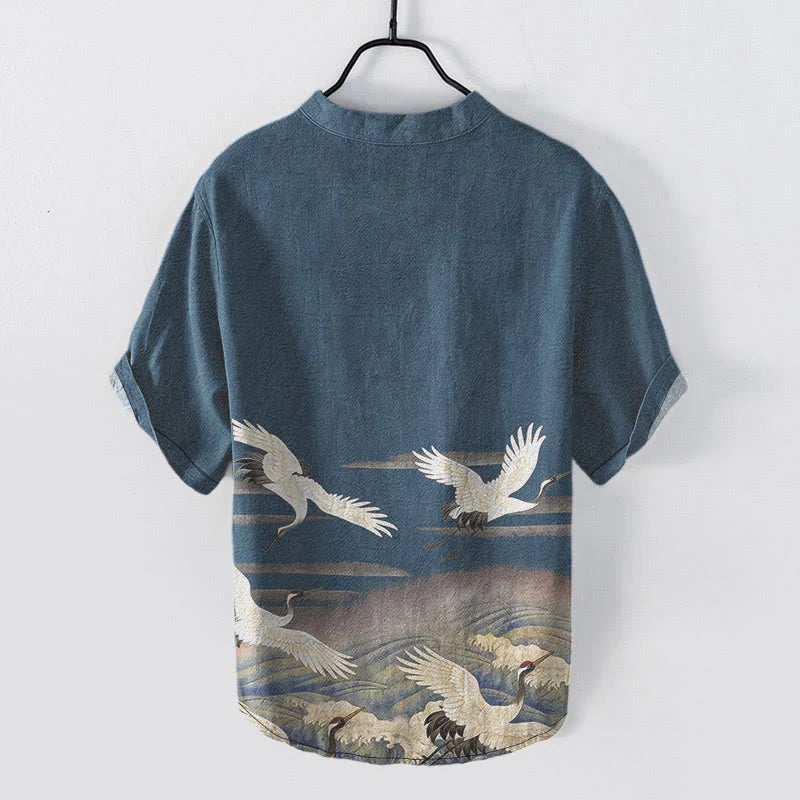 Buddha Stones Cotton Crane Waves Pattern Men's Short Sleeve Half Button Shirt