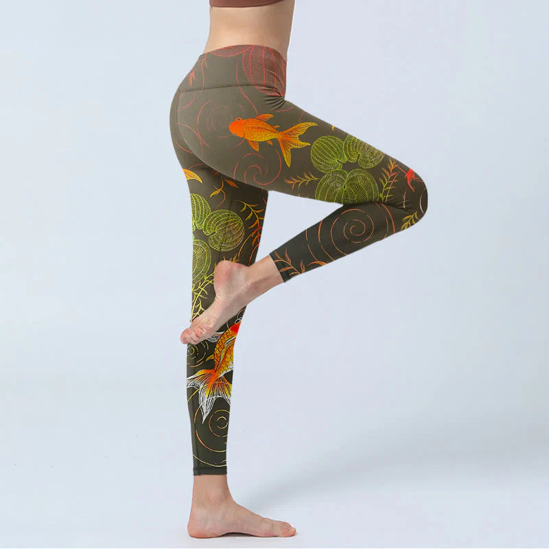 Buddha Stones Colorful Koi Fish Water Ripples Plant Pattern Print Gym Leggings Women's Yoga Pants