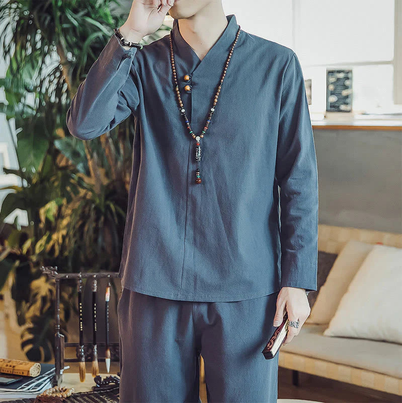 Buddha Stones 2Pcs Shirt Ankle-Length Pants With Pockets Men's Meditation Cloth Set