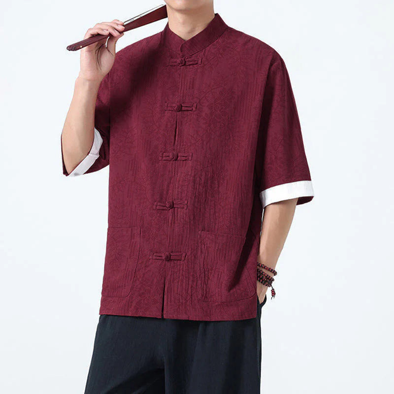 Buddha Stones Summer Flowers Grass Pattern Tang Suit Men's Frog-Button Half Sleeve Cotton Shirt With Pockets