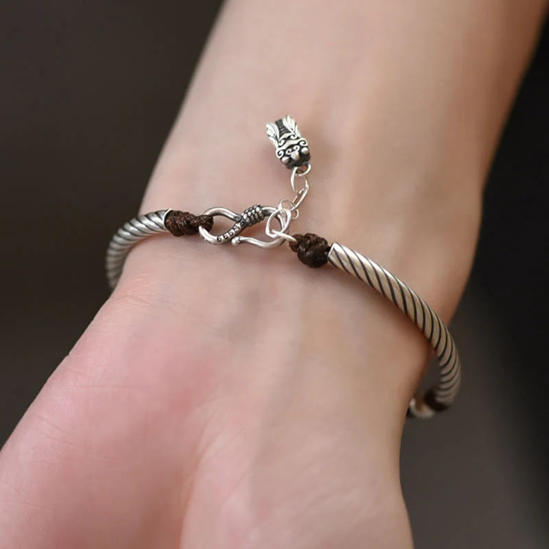 Buddha Stones 999 Sterling Silver Bamboo Pattern Cicada Luck Wealth Bracelet